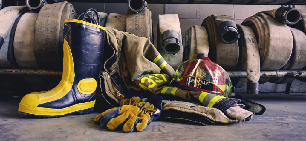 Firefighter boot helmet gear and hoses